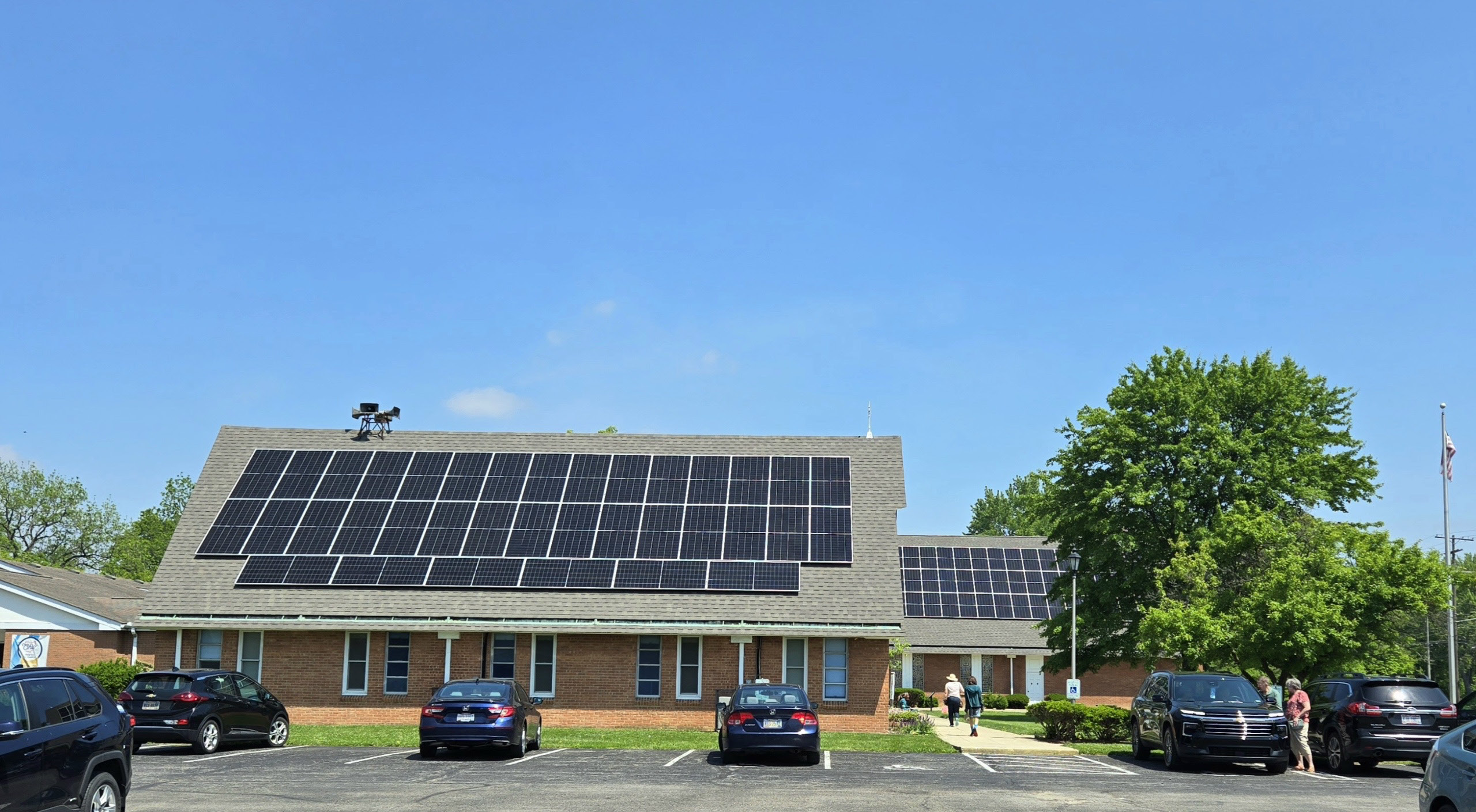 Solar panels and battery storage on the roof of Maize Manor Methodist Church, a new Columbus resilience hub